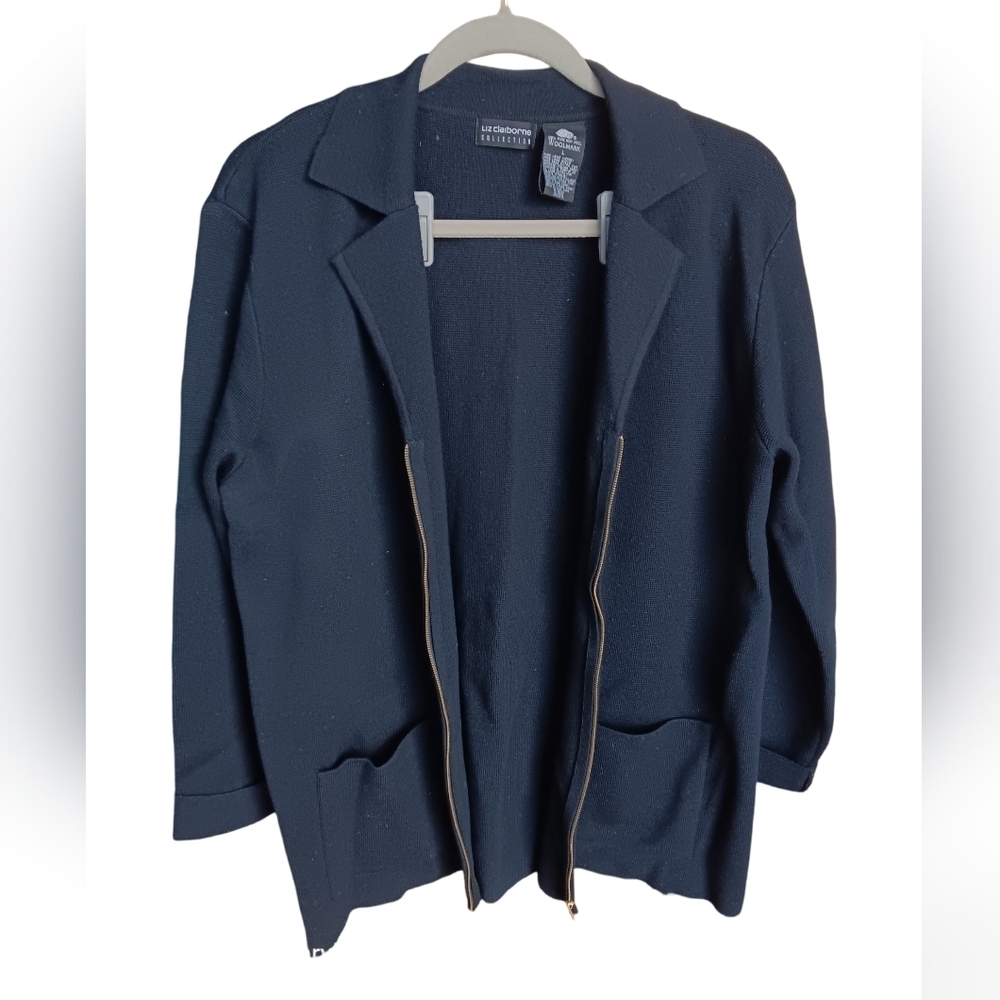Women's Liz Claiborne navy wool zip-front sweater size L